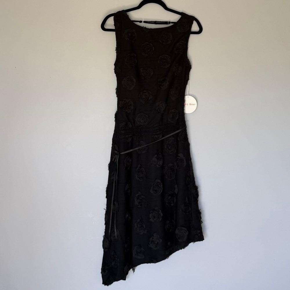 Bailey Rose Black 3D Rosette Cowl Back Asymmetrical Hem Dress NWT